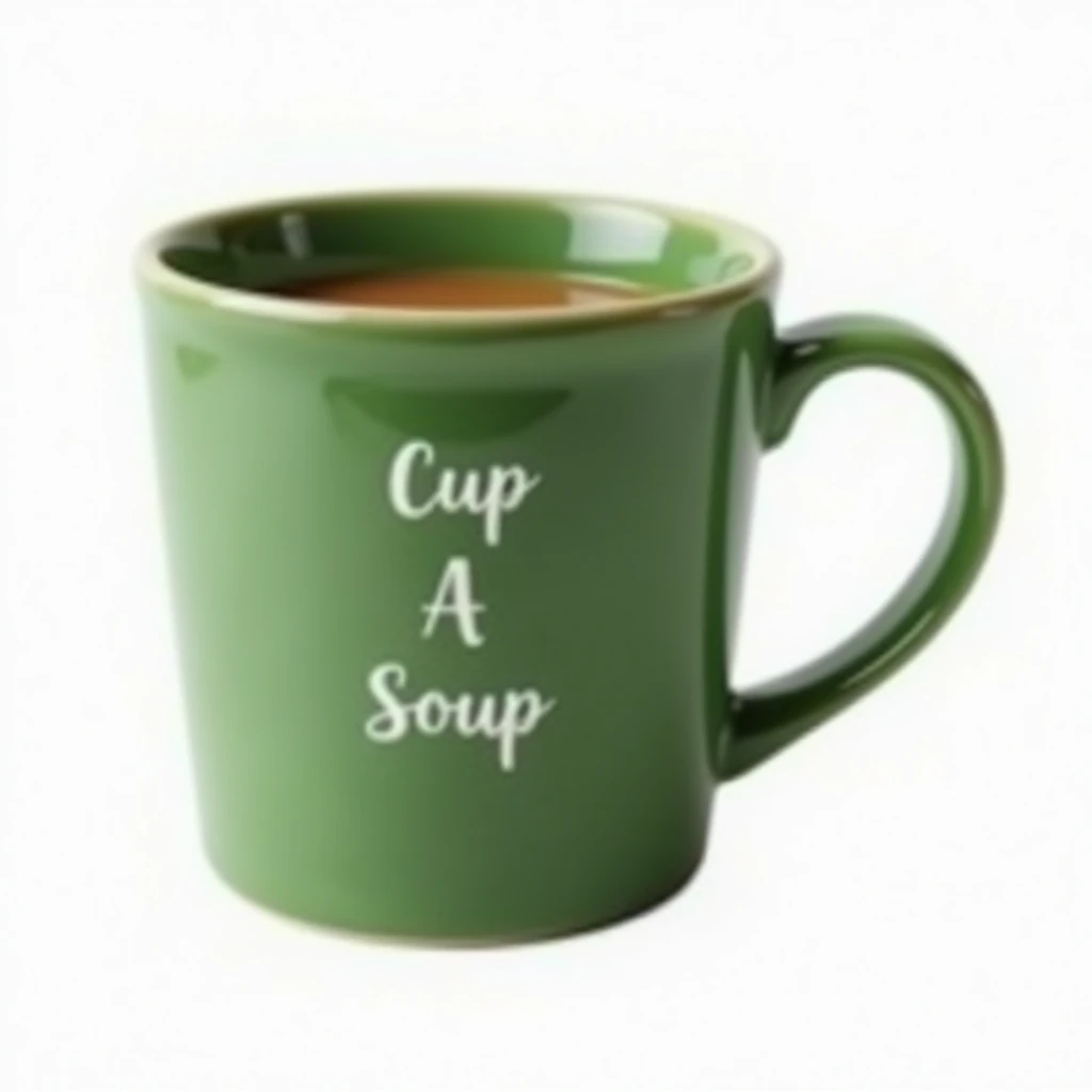 realistic green cup with Cup A Soup branding, glossy ceramic, isolated on transparent background emoji