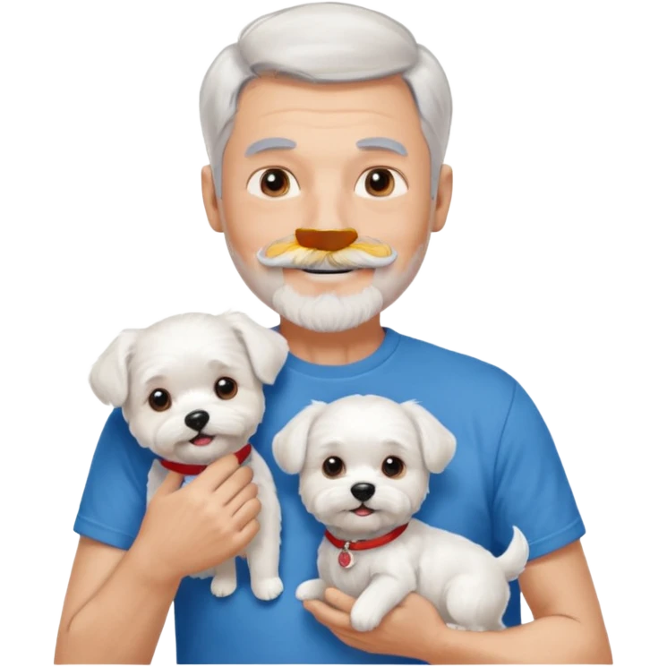 handsome gentleman, 60 years old, short silver hair, beard and moustache, wearing a blue t-shirt, smiling and holding a maltese dog emoji