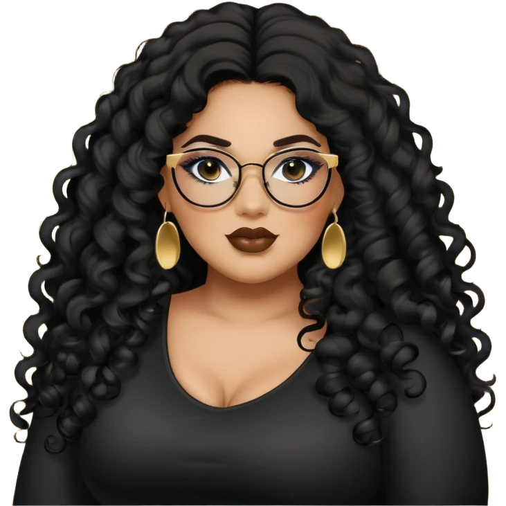 big plus size, latina, darker tan skin, long black curly hair, baddie,pretty, makeup, lipgloss, black eyeliner, long hair, small gold earrings, black top, black glasses emoji