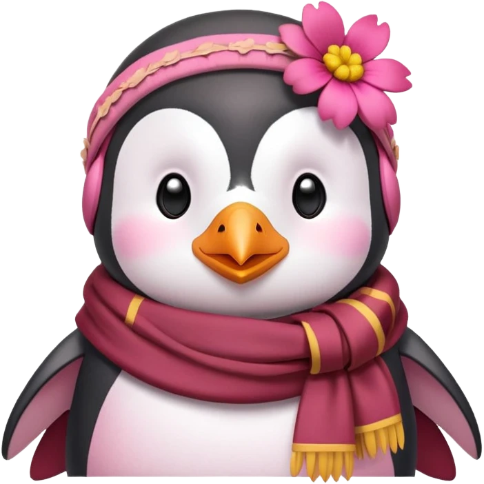 pink penguin in a griffindor scarf and a flower headband emoji