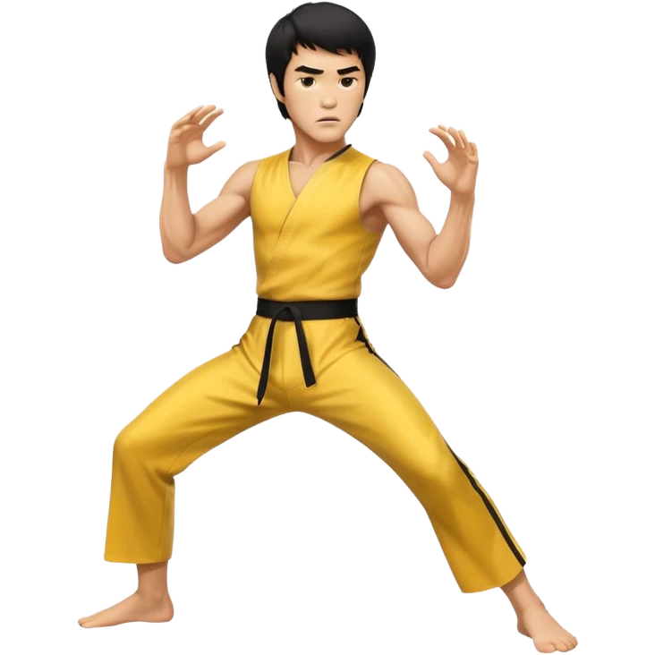 fierce Bruce Lee, dynamic martial arts pose, intense expression, yellow jumpsuit emoji