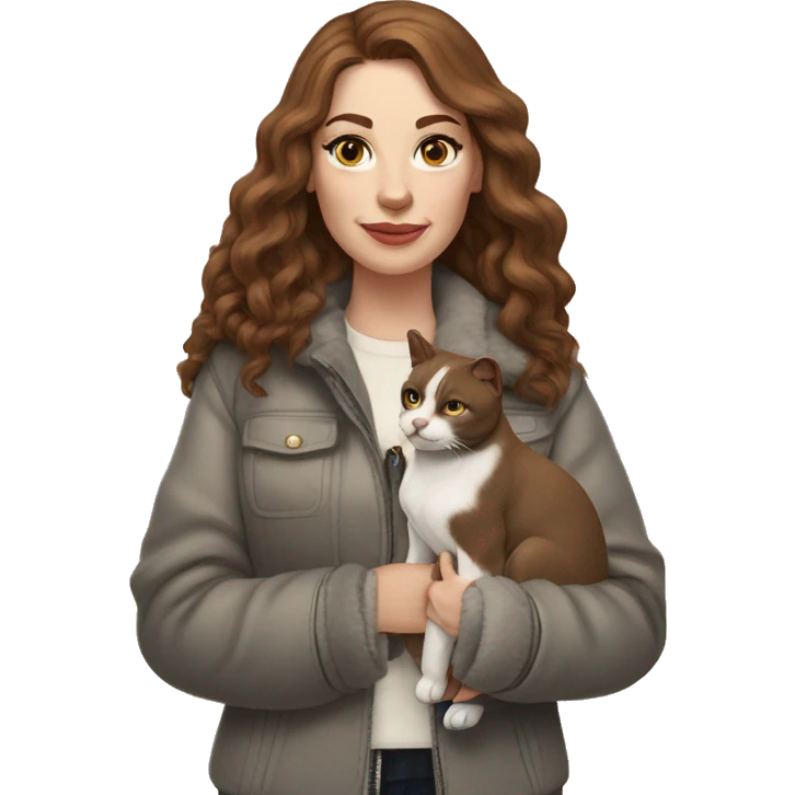 white woman with long brown hair and cat shaped eyes wearing a furry jacket standing alongside a black pitbull  emoji