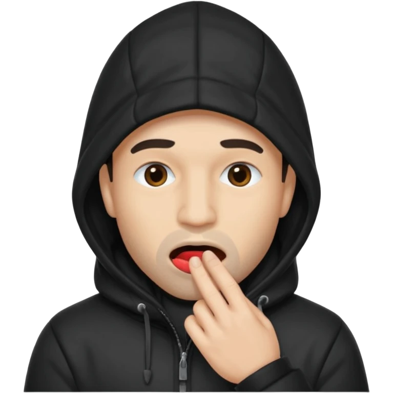 fait un homme noir avec une cagoule noir qui couvre sa tête, ses mains doivent être sur sa bouche comme si il se la cachait  emoji