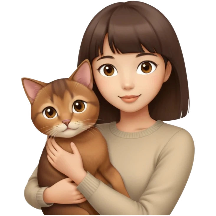 Cute East Asian girl, fair skin, big brown eyes, straight bangs, inward brown bob. Holding a fluffy Abyssinian cat in arms, gentle smile, emoji