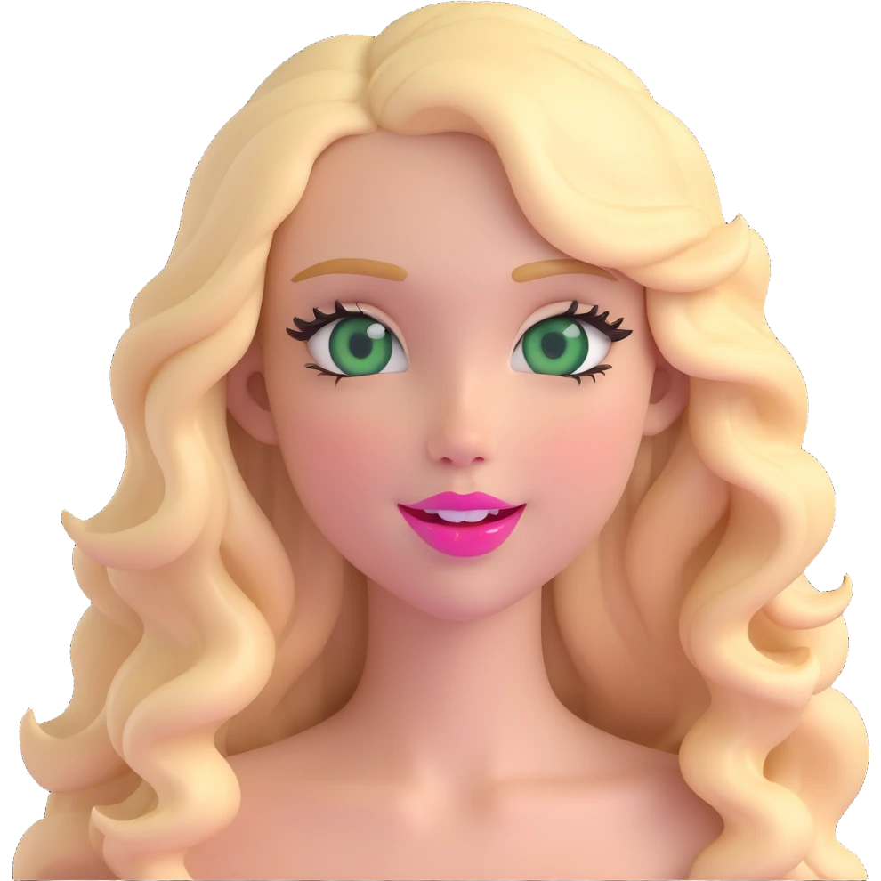 emoji of a girl with green eyes, long blonde wavy hair, long eyelashes, pink lips, winking emoji