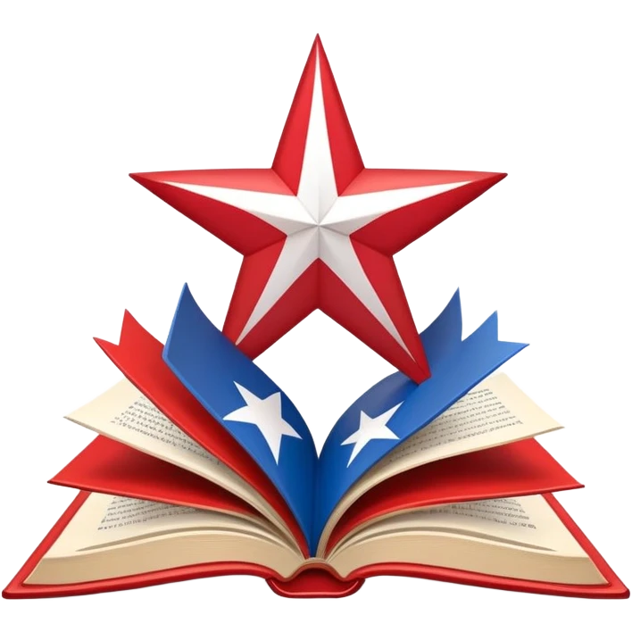 Scenic design book with Puerto Rican flag colors and pattern flowing through its pages, theater stage elements and flag's star incorporated into book design emoji