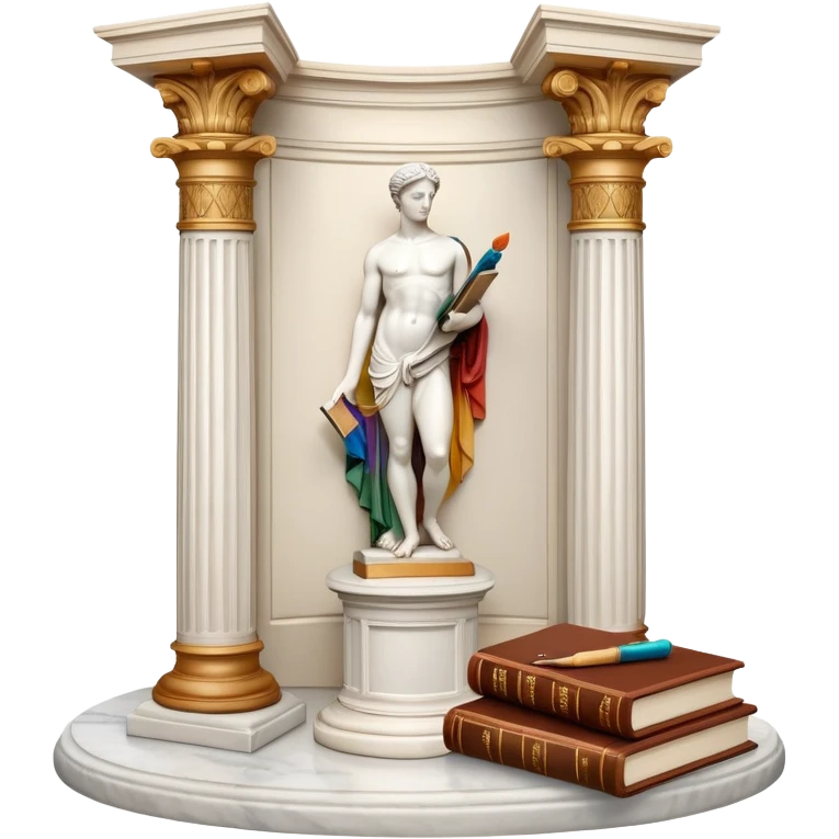 An icon featuring a paint palette, a sculpture, and a book, symbolizing the study of culture and art. The design includes a classical column and a canvas, representing art history and cultural exploration. Transparent background highlights the connection between creativity and history. emoji