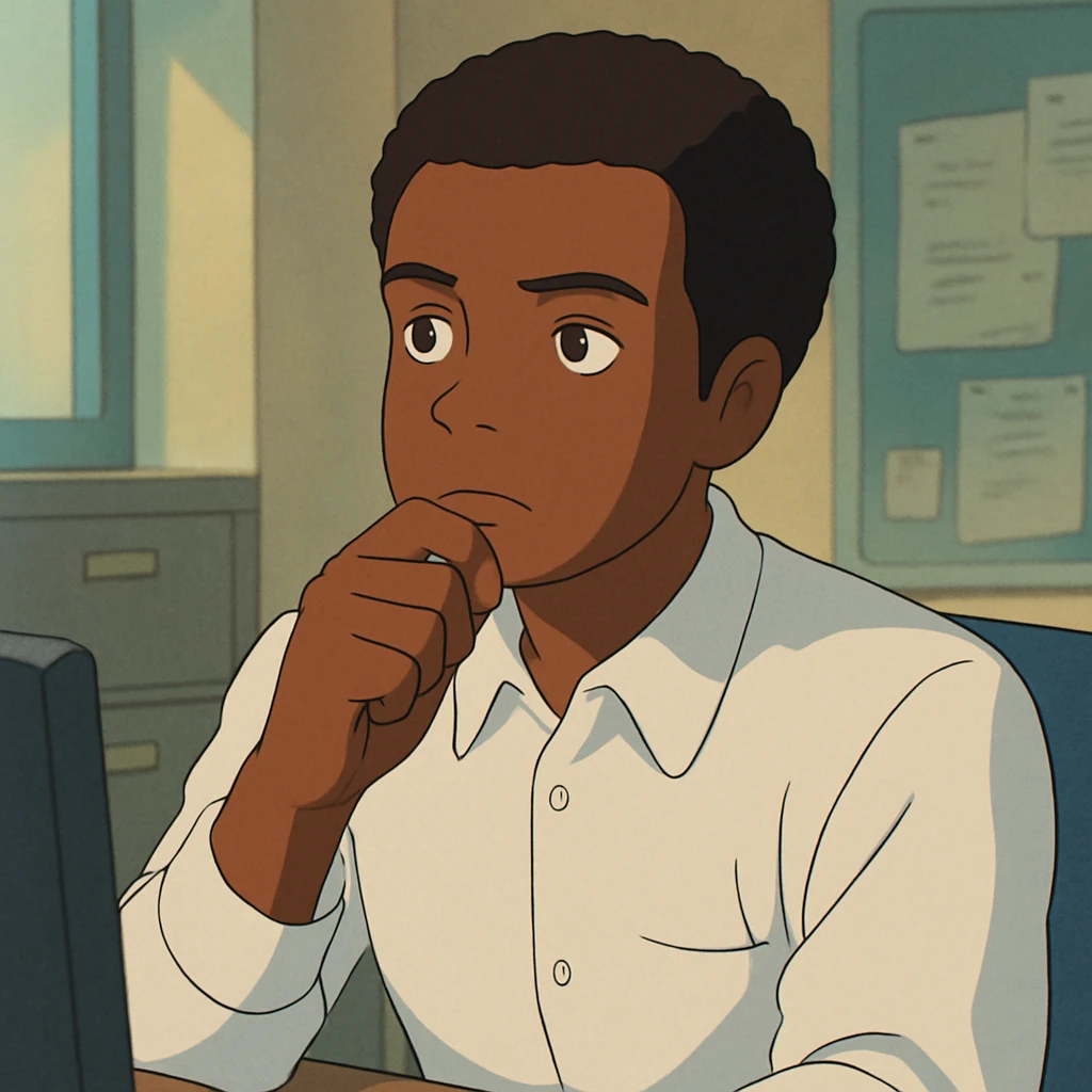 Black office employee, white shirt, thinking emoji