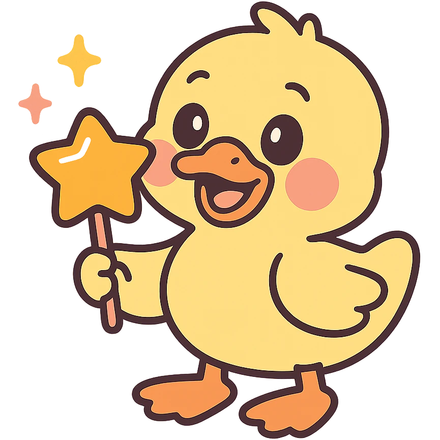 duckling with a star-shaped lollipop, surrounded by sparkles, pastel-toon style emoji
