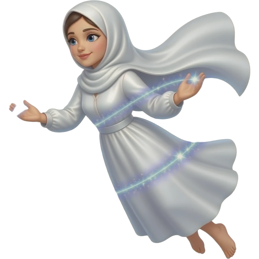 A beautiful woman in a pearl-white satin hijab flying her left around a glowing Patreon logo made of crystalline light. Swirling trails of celestial energy and stardust surround her hands, shiny light text: 'What do they get in?'. Isolated on white, soft pastel colors, 3D icon style, ultra-detailed emoji