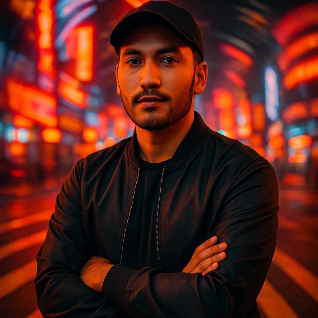 Create an urban cinematic portrait of a Southeast Asian man in his early 30s with sawo matang skin, standing in a crosswalk at night with a neon city background and spiral motion blur. The man has a relaxed posture, black cap, bomber jacket, fashion editorial style, warm and saturated colors, and soft light on face. Use the reference image for facial structure. emoji