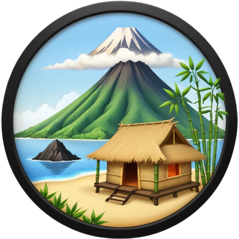 bamboo hut with volcano in the back in Volcano Island  emoji
