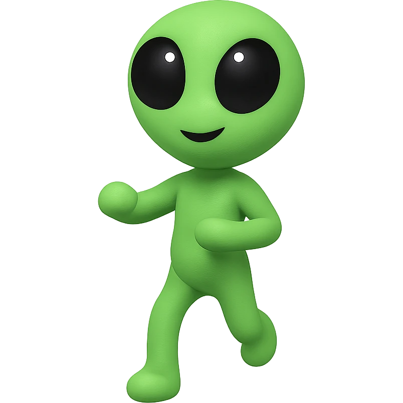 Create a neon green alien dancing, almost identical to the reference image, with minimal changes in the positions of arms and legs, looking straight ahead. This is frame 15 of the animation. PNG with transparent background. emoji
