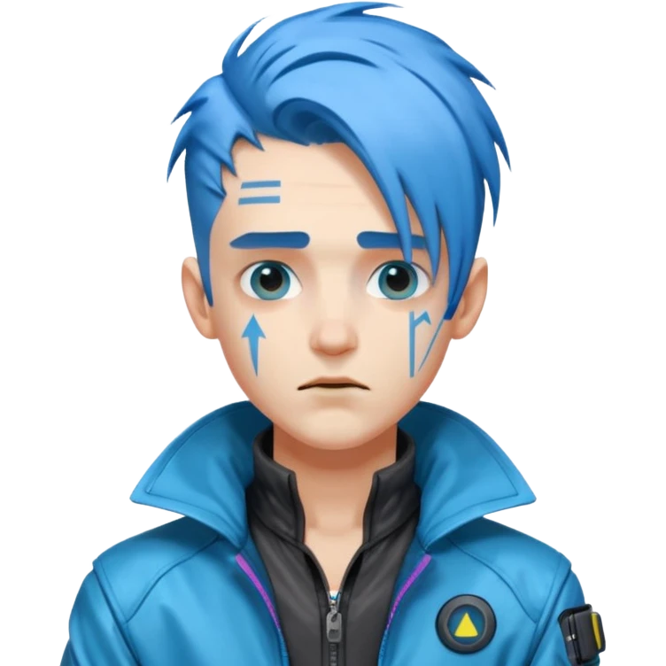 Cyberpunk man, blue hair, silly expression emoji