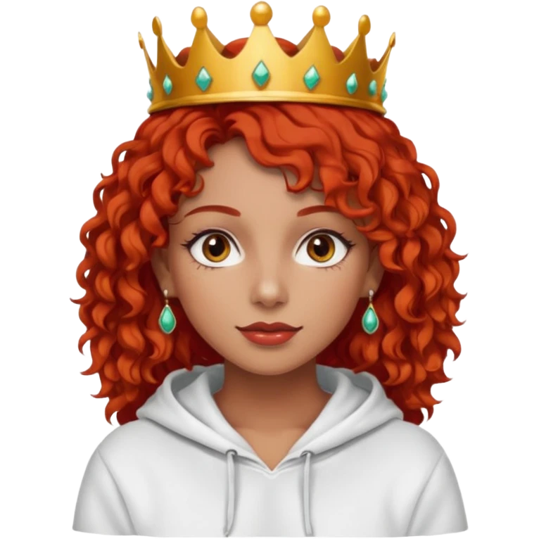 
Slim girl with a fine face, dark and tanned skin, medium-length curly tomato-red hair, dark eyes, medium-thick eyelashes, and a crown and earrings, wearing a white hooded sweatshirt. emoji