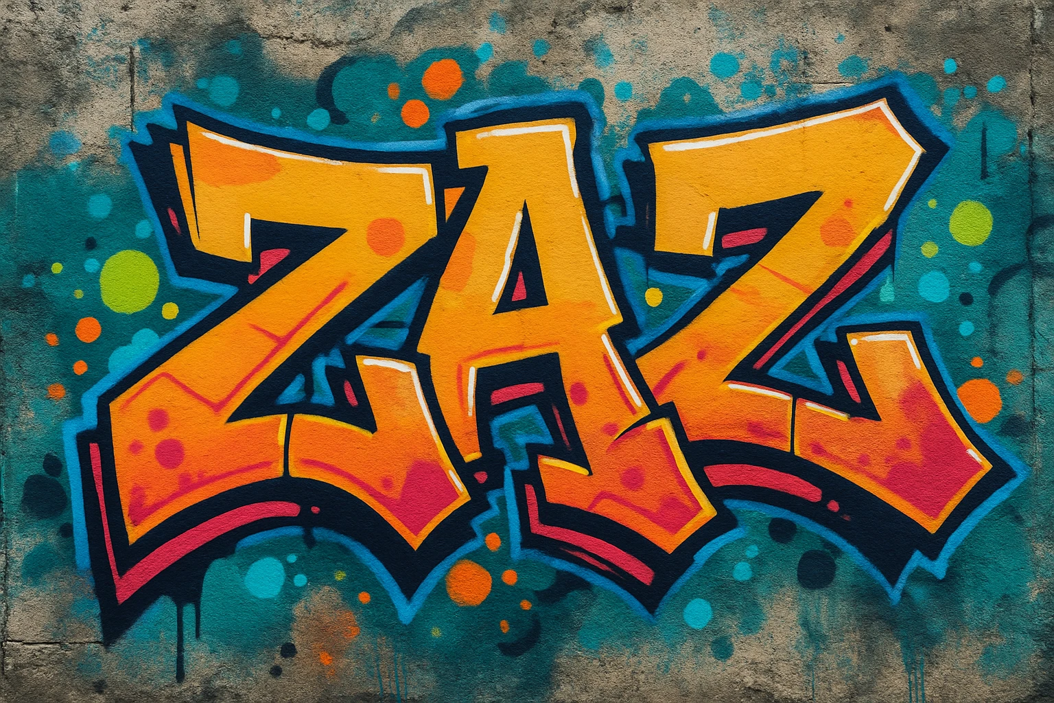 Graffiti text "ZAZ" in classic graffiti style. Bold, colorful, and intricate lettering with a street-art vibe. emoji