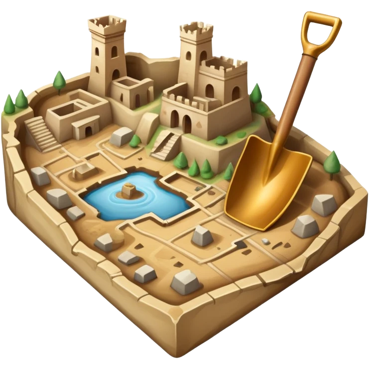 An icon showing an ancient city excavation site with uncovered ancient vessels, an old map, and a shovel. The design captures the thrill of uncovering historical treasures and ruins. Transparent background highlights the excitement of archaeological discovery. emoji
