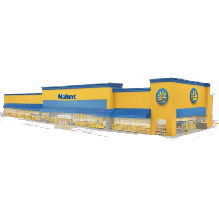 “Walmart store with a simple, recognizable design, featuring the iconic sunburst logo, blue and yellow color scheme, and storefront details that convey a large retail environment.” emoji