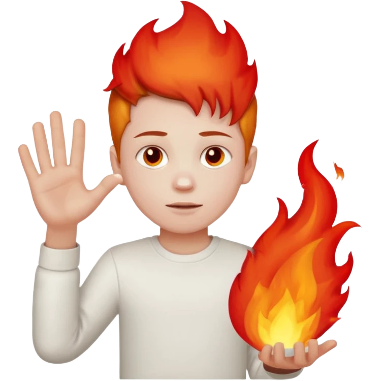A boy with no hands fire instead made out of red fire and the boy is wearing a white shirt that has a sign that says FIRE CREATOR  emoji