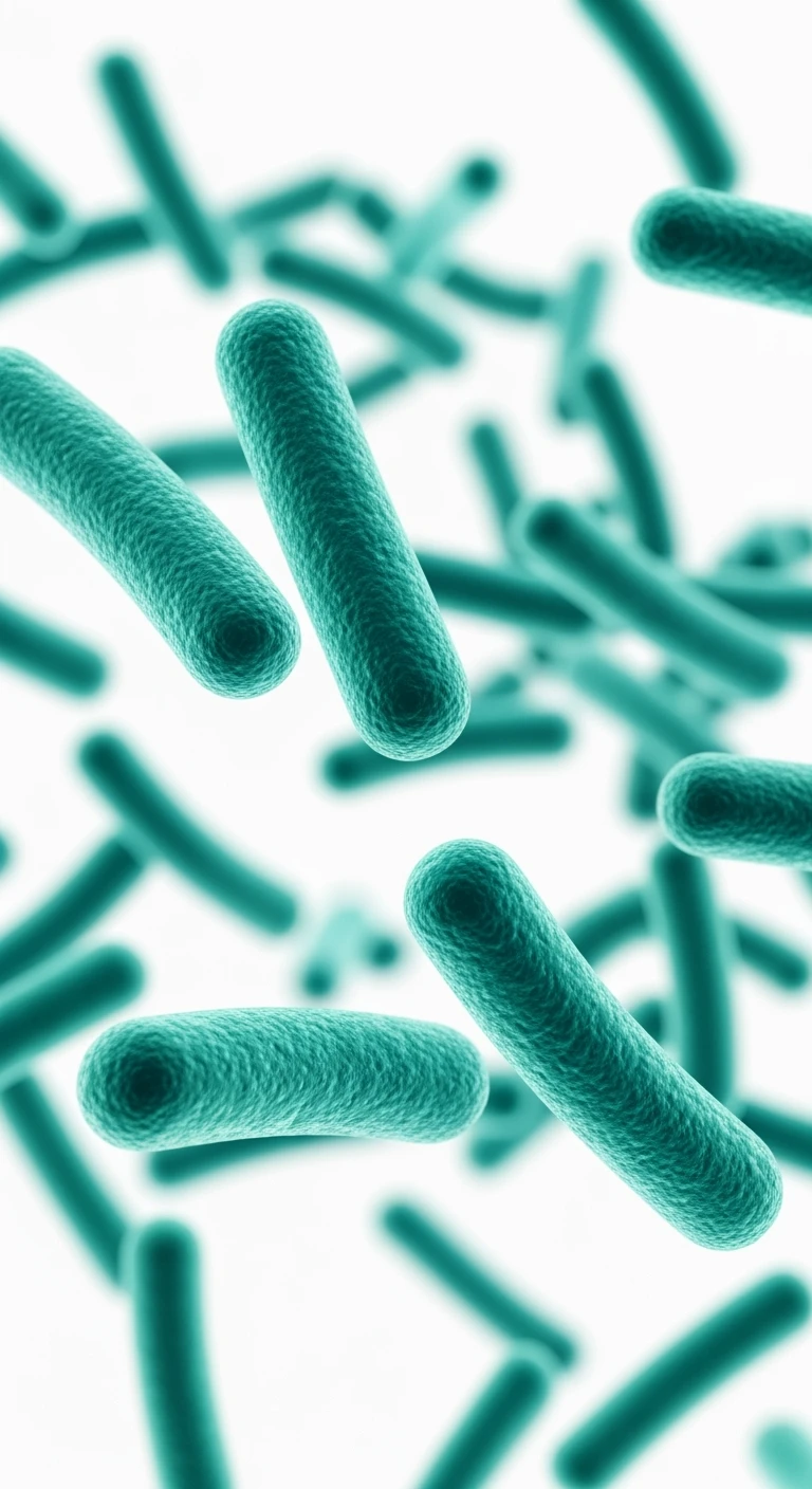 batteri intestinali turchesi fluttuano in aria, sfondo bianco, ma iperrealistica 4k emoji