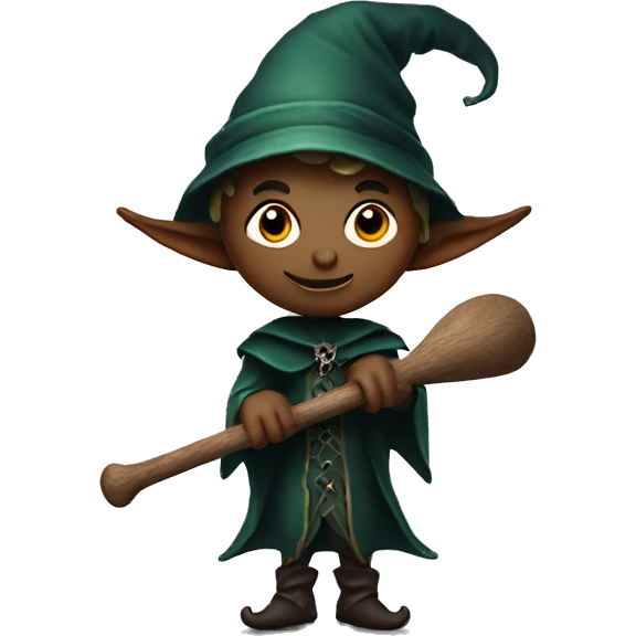 Elf dark sorcerer with a crescent moon hat, holding a bat, Halloween theme, emoji emoji