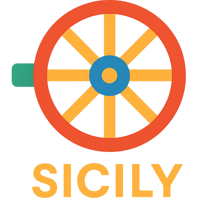 Sicily logo with traditional Sicilian cart wheel, bold and colorful emoji
