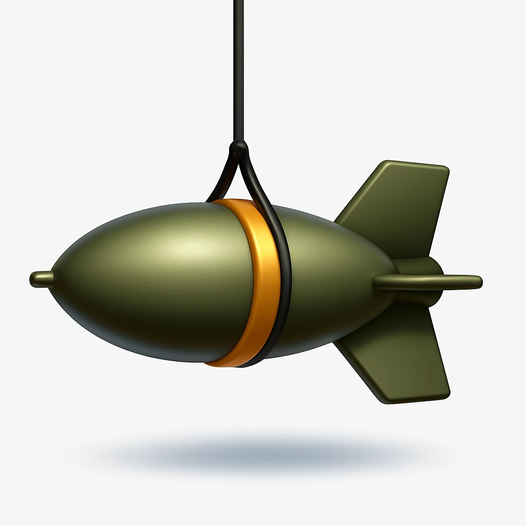 Create an emoji that looks exactly like the reference image in iOS emoji style. The emoji should have 3D appearance, shiny surface, smooth gradients, soft shadows, and a realistic bomb shape with a classic emoji look. Add a soft shadow under the bomb. emoji