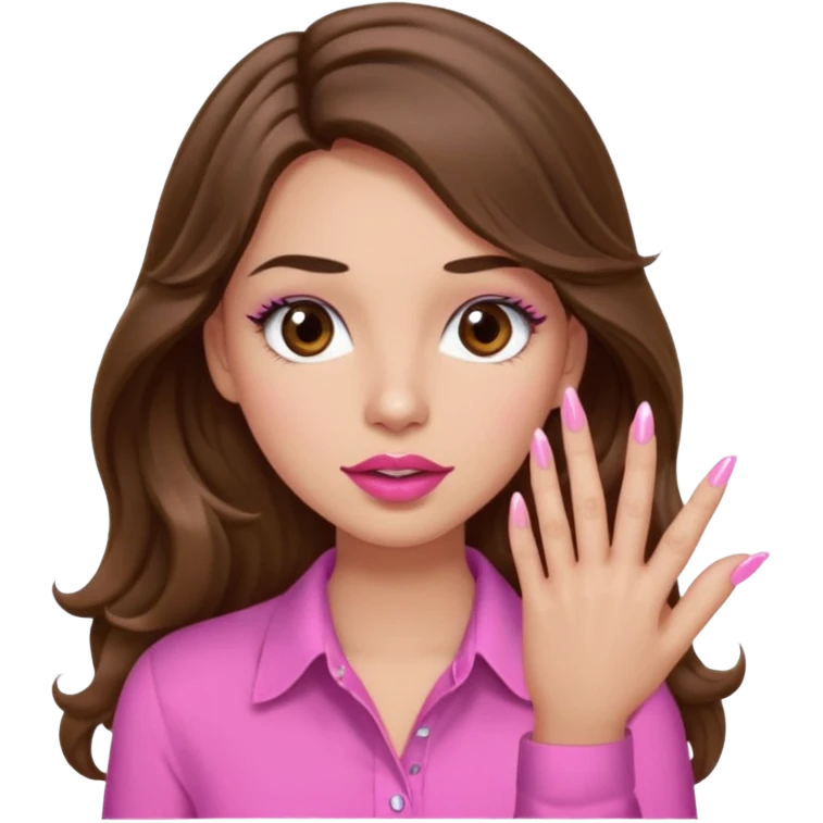 girl with long wavy brown hair, brown eyes, light to medium complexion, in a pink shirt, pink lips, long lashes, puckered lips,  showing  finger nails emoji