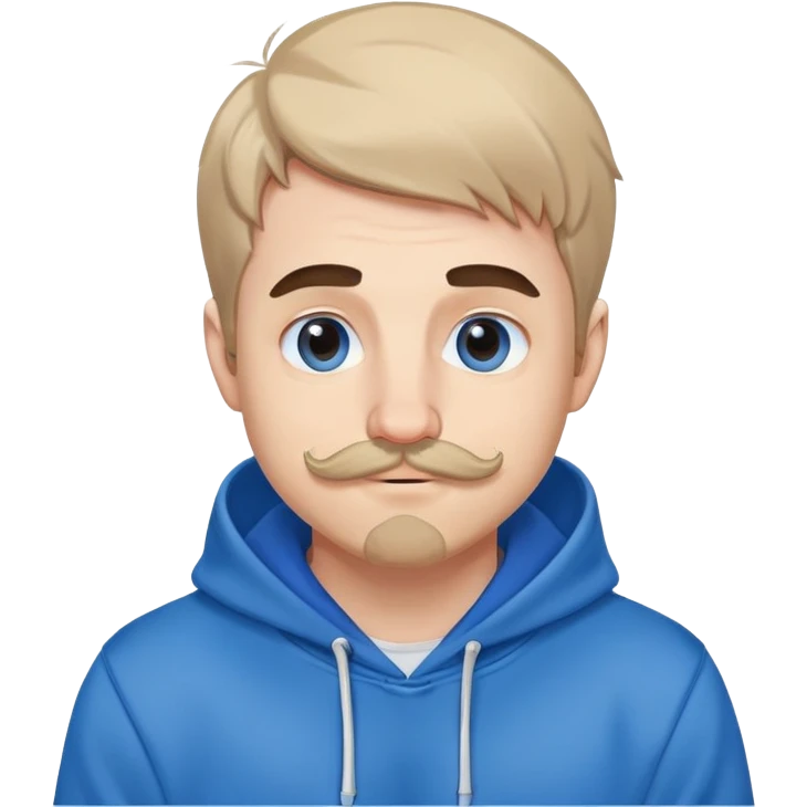 Mr. Beast wearing a blue hoodie, small ferret mustache, small light beard, playful expression emoji
