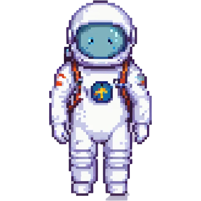 pixel art icon of an astronaut with badge or info symbol, blending user avatar and informational icon, simple and clear emoji