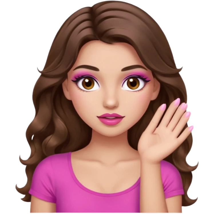 girl with long wavy brown hair, brown eyes, long lashes makeup, sexy pink lips, light to medium complexion, pink sexy top,slapping emoji