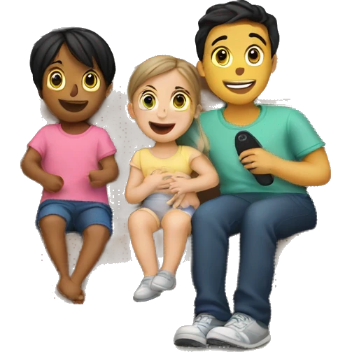 3 kids and a baby playing in front of a television emoji