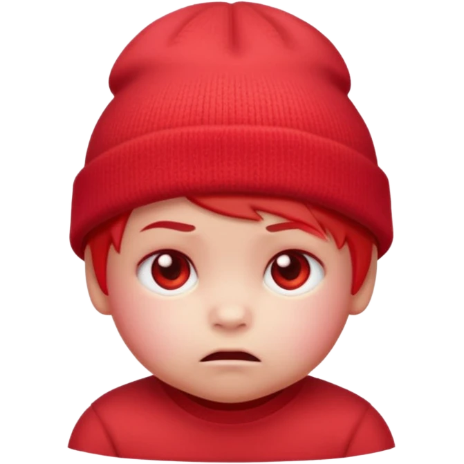 a baby red upset face emoji with a glowing pastel red gradient behind it, red beanie hat on emoji