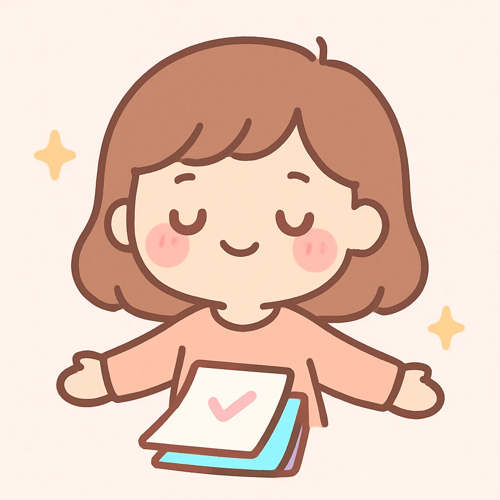 white girl with brown hair, slight smile, relieved expression, relaxed head, after finishing tasks, kawaii style emoji