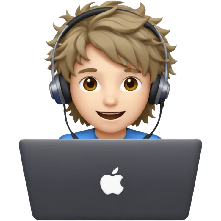 excited student with laptop, hair messy, apple style emoji emoji