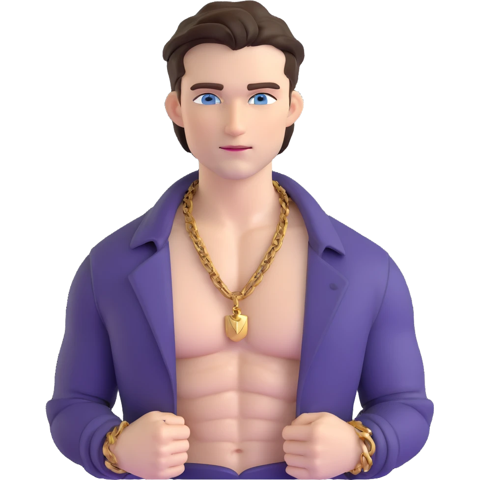 handsome male with intense blue-grey eyes, chiseled features, pale skin, confident smirk, dark brown styled hair, baddie energy, gold chain, very revealing open shirt showing chest and abs emoji