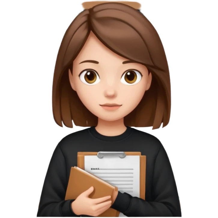 a girl with documents in her hands, in a black sweatshirt with brown hair with a square emoji