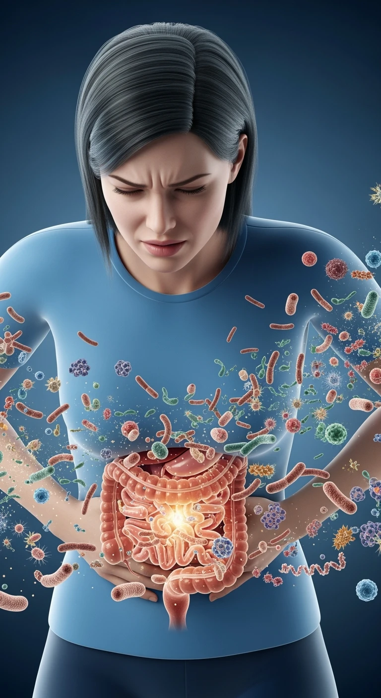 DONNA CON MAL DI PANCIA E INTESTINO UMANO ANATOMICO VISIBILE, BATTERI INTESTINALI FLUTTUANO INTORNO, IPERREALISTICO 4K emoji