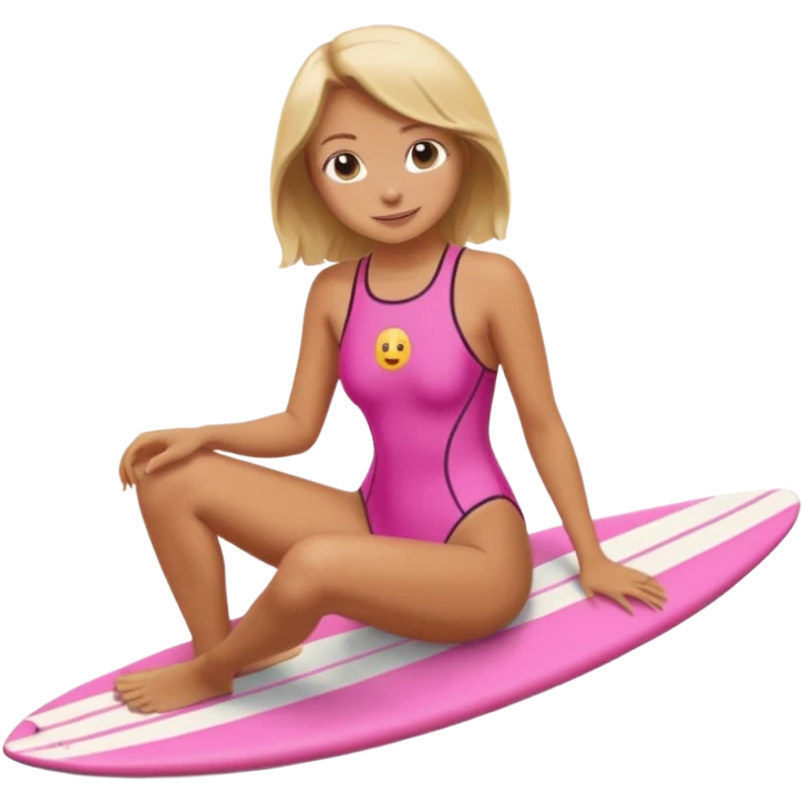 surf girl sitting on a board, pink one-piece swimsuit, relaxed, emoji style emoji