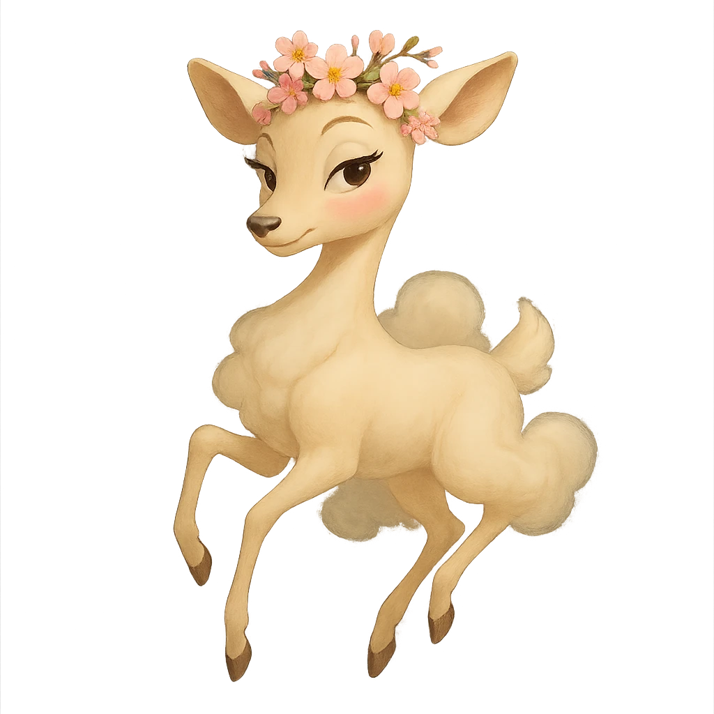 Pixar-inspired elegant feminine vanilla cloud doe, rosy cheeks, cherry blossom crown, floating gracefully, confident charming subtly alluring vibe, never revealing or explicit emoji