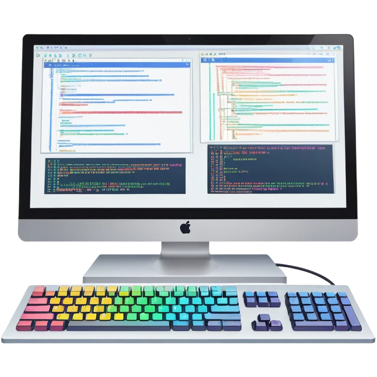 An icon featuring two large monitors filled with colorful code lines, symbolizing programming. The design includes a keyboard, terminal windows, and flowcharts in the background, representing software development, logic, and debugging. Transparent background emoji