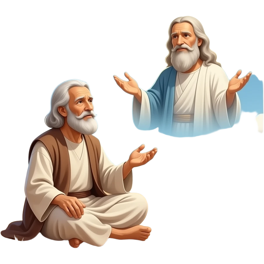 A full bodied man in his 80’s from biblical times is sitting out in the wilderness looking up at the sky as he speaks to an old man in the sky that is God emoji