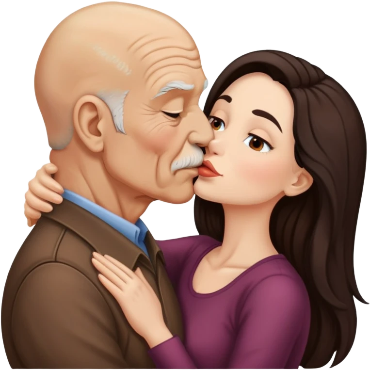Beautiful woman with long dark hair, kissing a old brown bald man emoji
