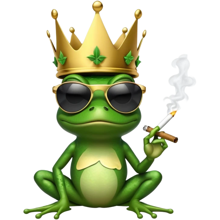 gangster frog wearing a gold crown smoking a marijuana joint, cool sunglasses emoji
