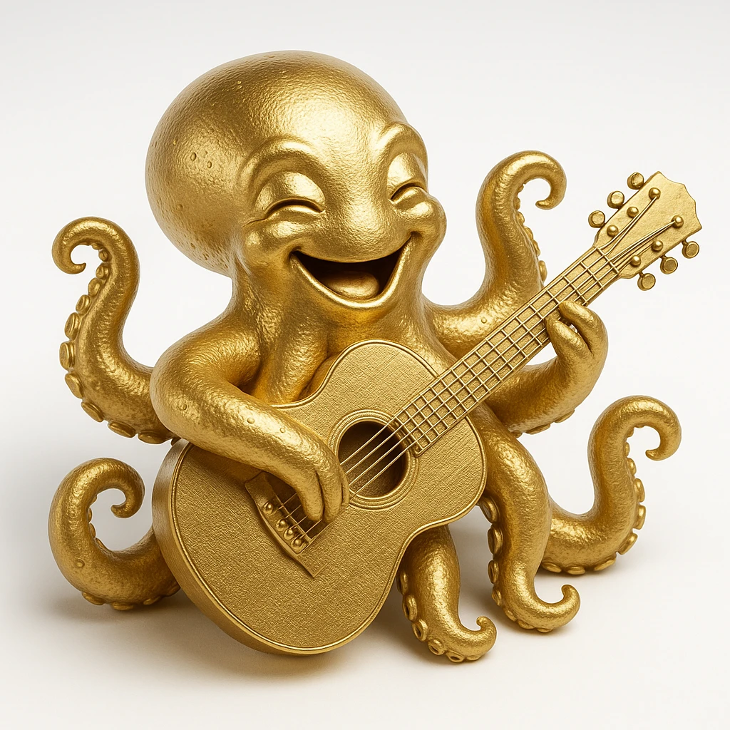 happy octopus with multiple arms playing guitar emoji