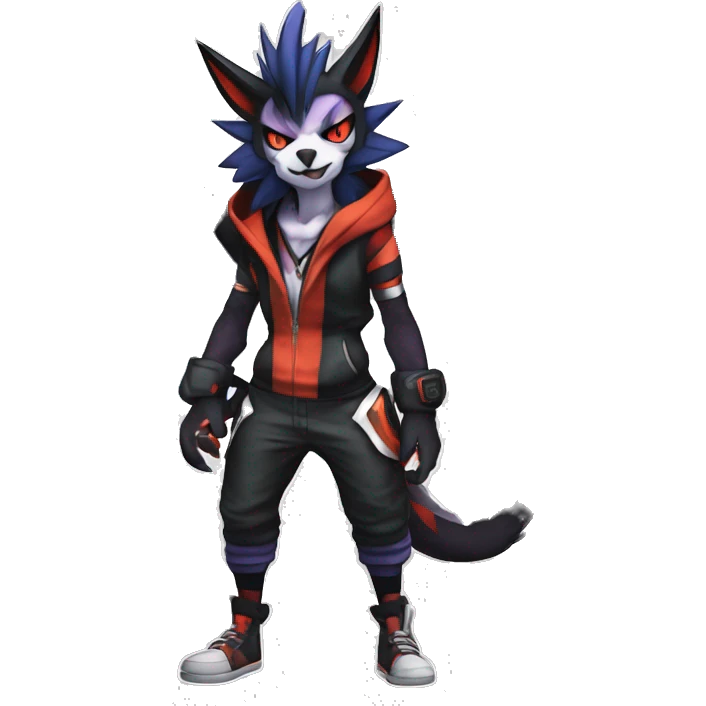 Cool Anthro Black Noivern-Absol-Litten-Pokémon with edgy stripes hoodie spiked collar punk Full Body emoji