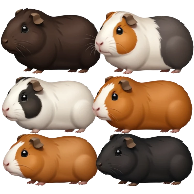 a group of 8 guinea pigs 2  big and creme colour 2 big and black 1 small black white and brown 1 small black and brown 1 small white and 1 small creme  emoji