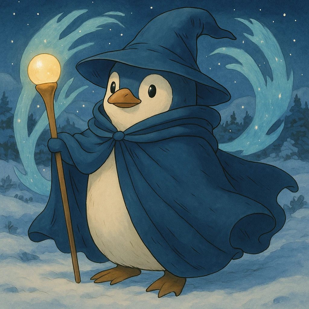 Add a snowy landscape background behind the ghibli style penguin wizard, keep all original colors and style emoji