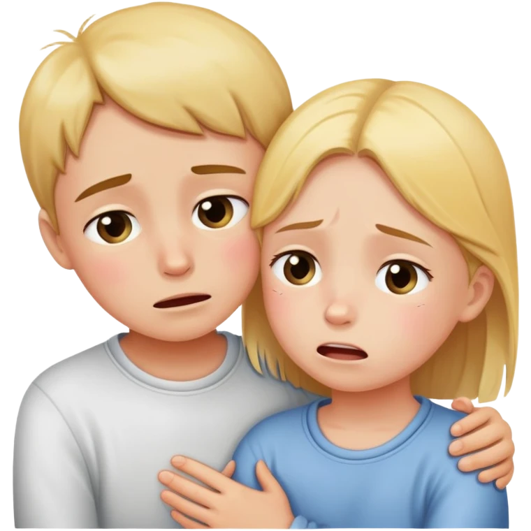 two children, one comforting the other who is crying, caring and friendly emoji
