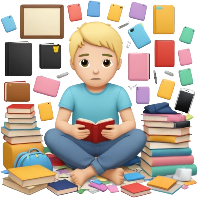 messy room with scattered objects, clothes and books everywhere, simplified human character looking slightly overwhelmed but safe, everyday chaos, flat custom emoji sticker, pastel colors, rounded shapes, minimal details, thick outline, white background, no text emoji